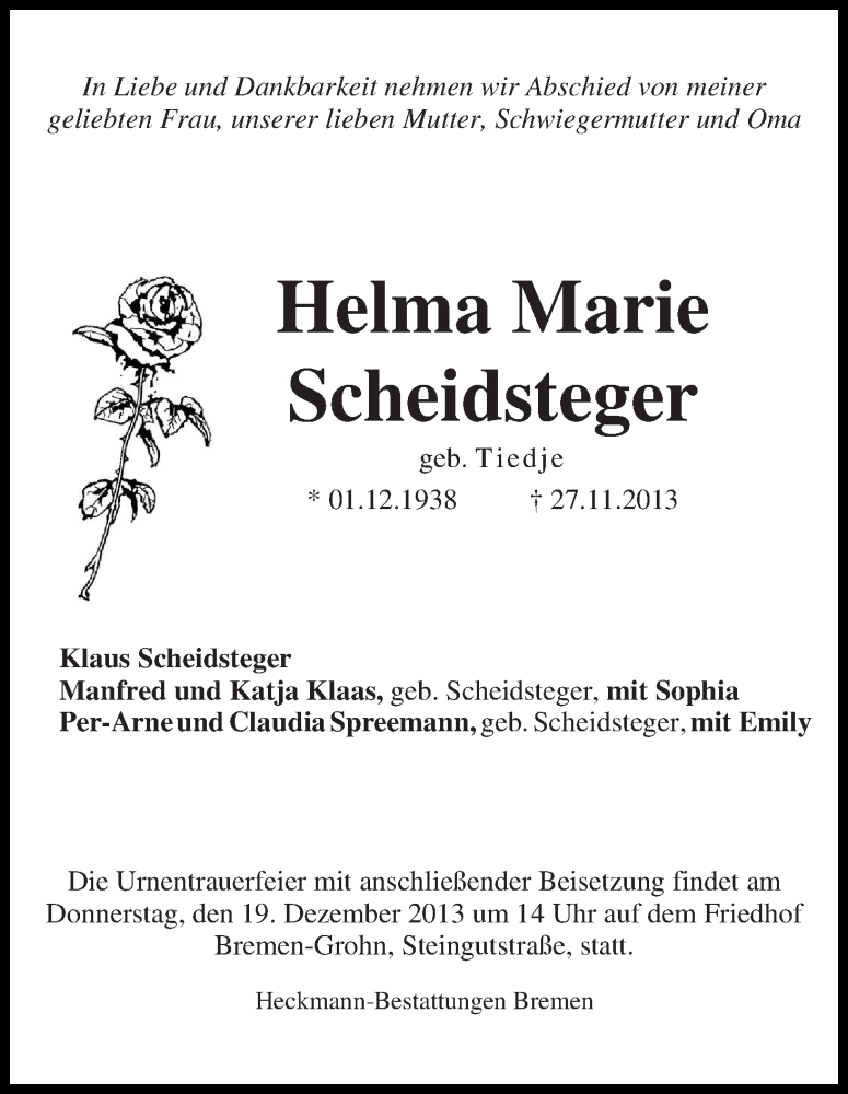 Traueranzeige von Helma Marie Scheidsteger von WESER-KURIER