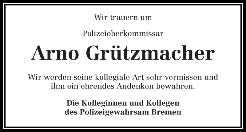  Traueranzeige für Arno Grützmacher vom 14.12.2013 aus WESER-KURIER