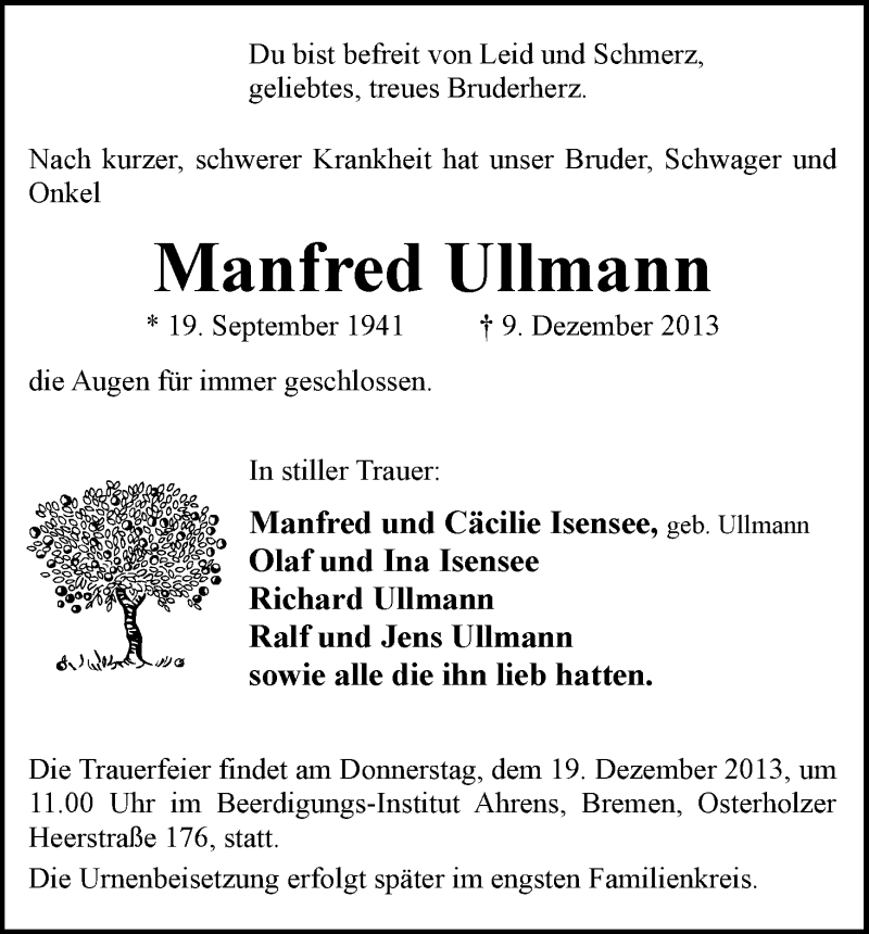  Traueranzeige für Manfred Ullmann vom 14.12.2013 aus WESER-KURIER