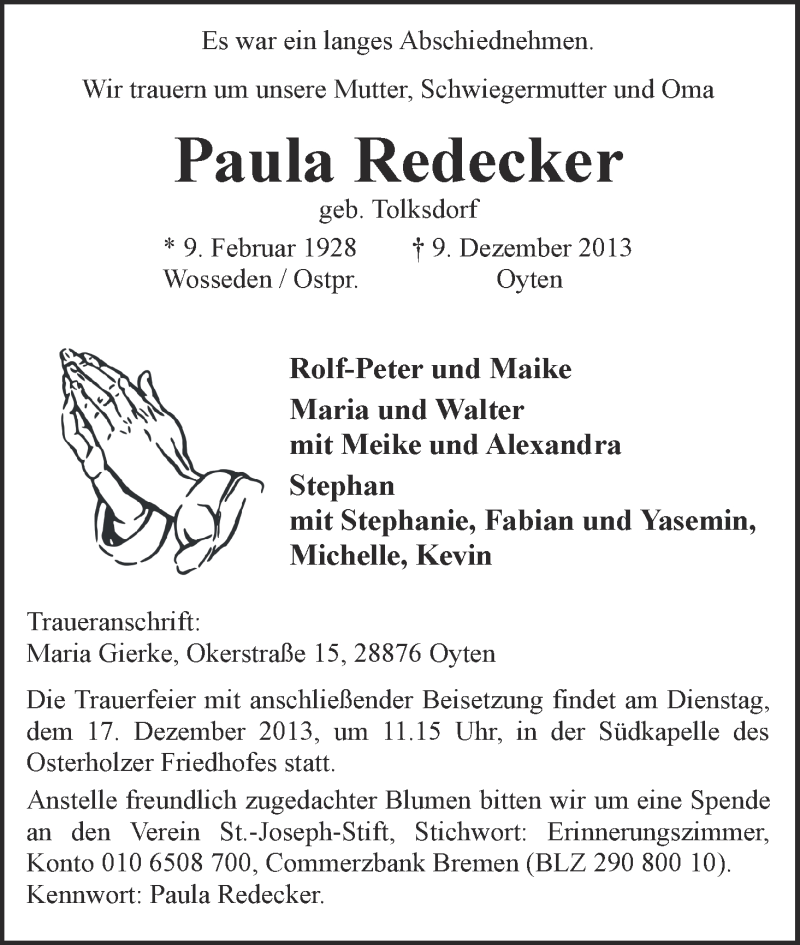  Traueranzeige für Paul Redecker vom 14.12.2013 aus WESER-KURIER