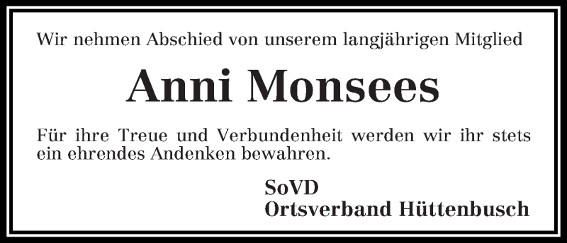 Traueranzeige von Anni Monsees von WESER-KURIER