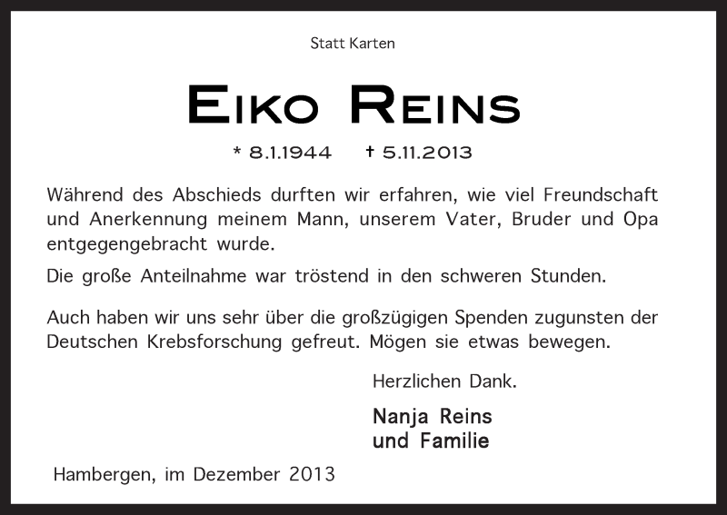  Traueranzeige für Eiko Reins vom 14.12.2013 aus WESER-KURIER