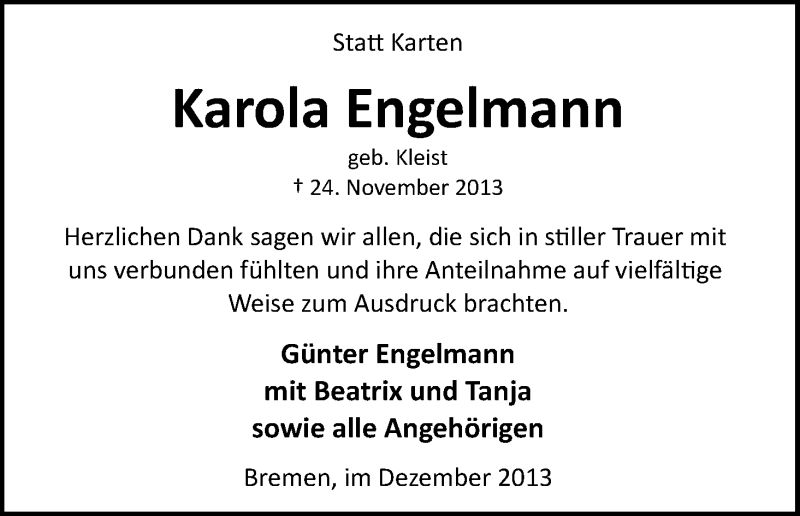  Traueranzeige für Karola Engelmann vom 16.12.2013 aus WESER-KURIER