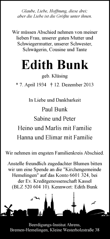 Traueranzeige von Edith Bunk von WESER-KURIER