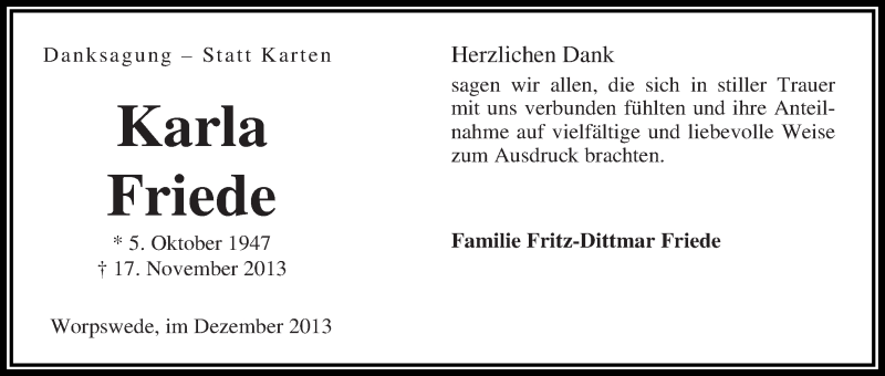 Traueranzeige von Karla Friede von WESER-KURIER