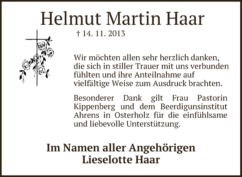 Traueranzeige von Helmut Martin Haar von WESER-KURIER