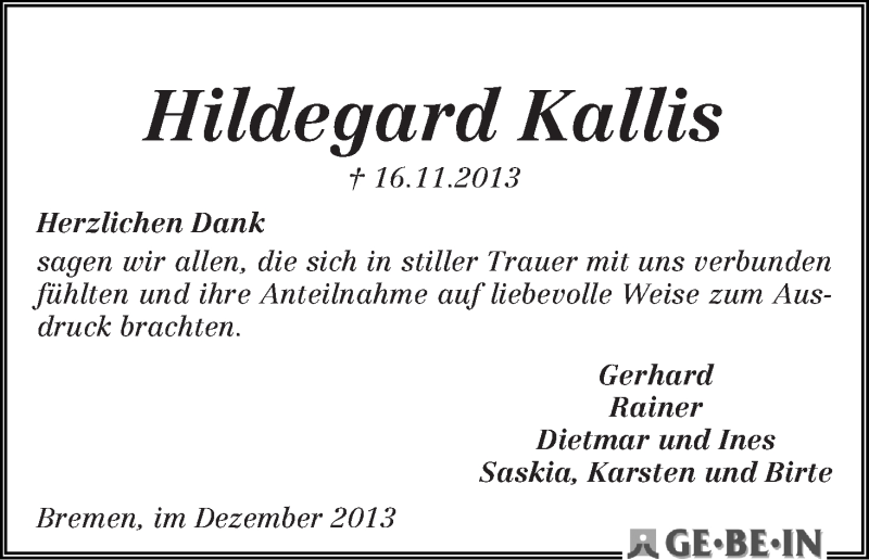 Traueranzeige von Hildegard Kallis von WESER-KURIER