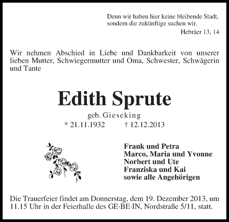 Traueranzeige von Edith Sprute von WESER-KURIER