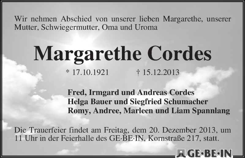 Traueranzeige von Margarethe Cordes von WESER-KURIER