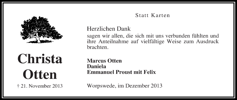 Traueranzeige von Christa Otten von WESER-KURIER