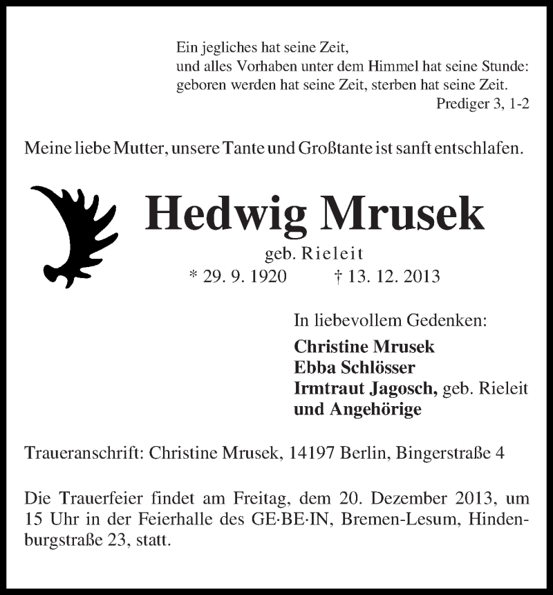 Traueranzeige von Hedwig Mrusek von WESER-KURIER
