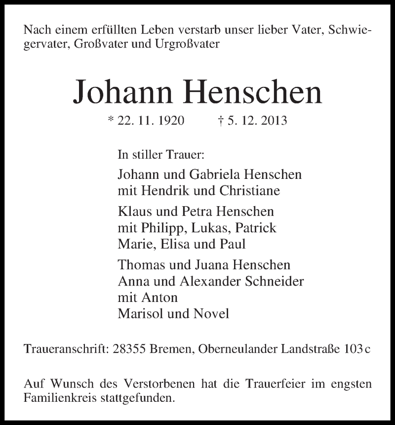  Traueranzeige für Johann Henschen vom 18.12.2013 aus WESER-KURIER
