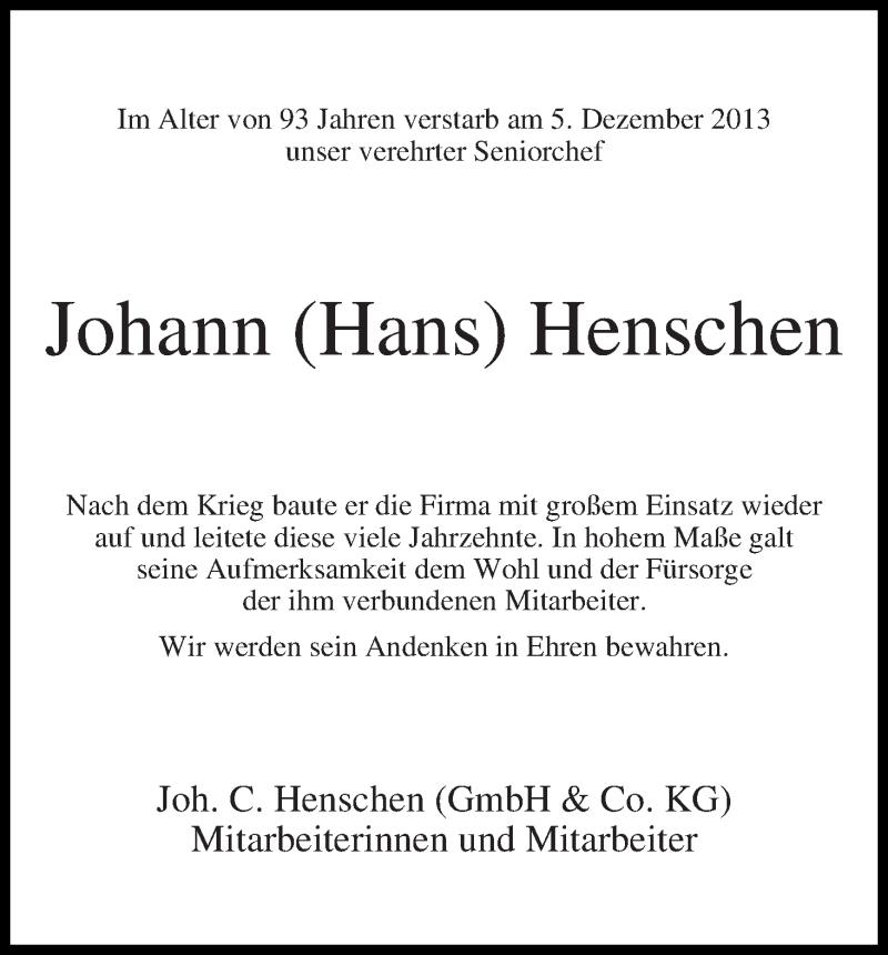 Traueranzeige von Johann Henschen von WESER-KURIER