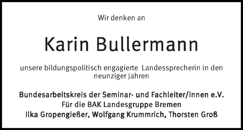  Traueranzeige für Karin Bullermann vom 20.12.2013 aus WESER-KURIER