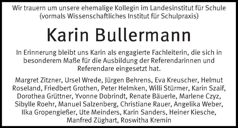  Traueranzeige für Karin Bullermann vom 20.12.2013 aus WESER-KURIER