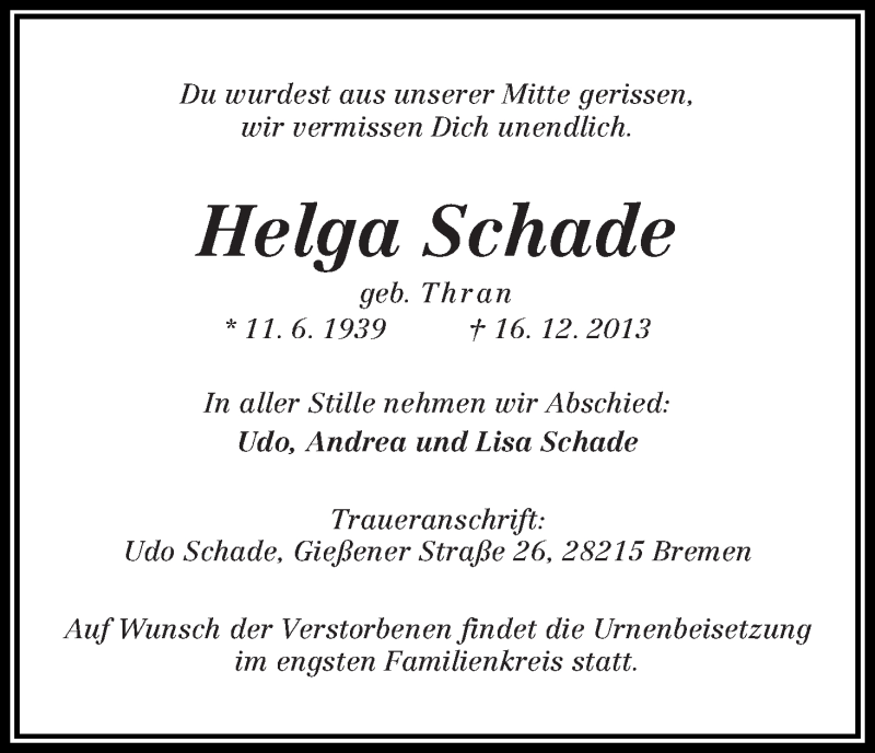 Traueranzeige von Helga Schade von WESER-KURIER