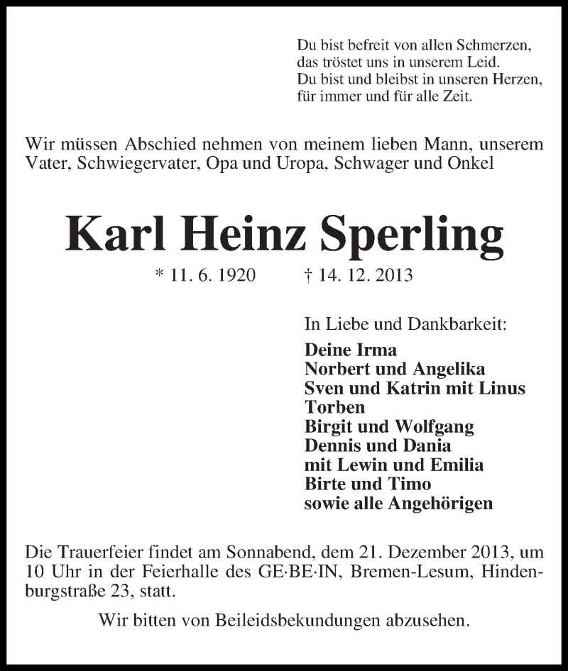 Traueranzeige von Karl Heinz Sperling von WESER-KURIER