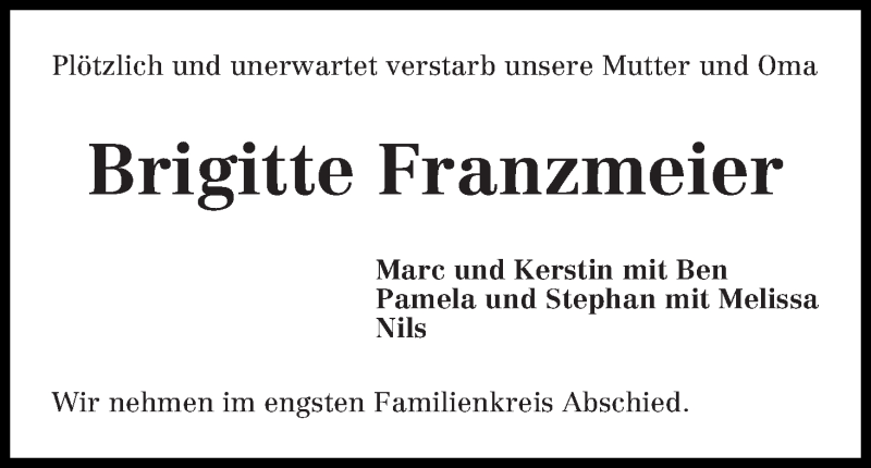  Traueranzeige für Brigitte Franzmeier vom 21.12.2013 aus WESER-KURIER