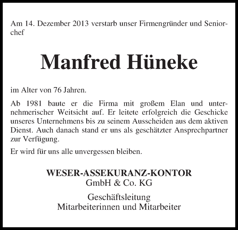 Traueranzeige von Manfred Hüneke von WESER-KURIER