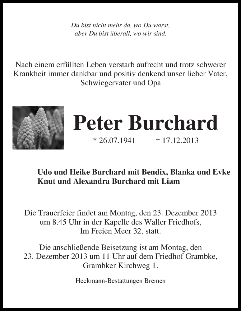  Traueranzeige für Peter Burchard vom 20.12.2013 aus WESER-KURIER