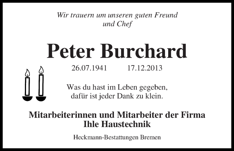  Traueranzeige für Peter Burchard vom 20.12.2013 aus WESER-KURIER