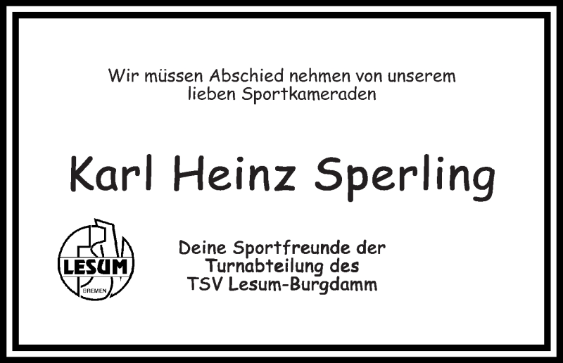 Traueranzeige von Karl Heinz Sperling von WESER-KURIER