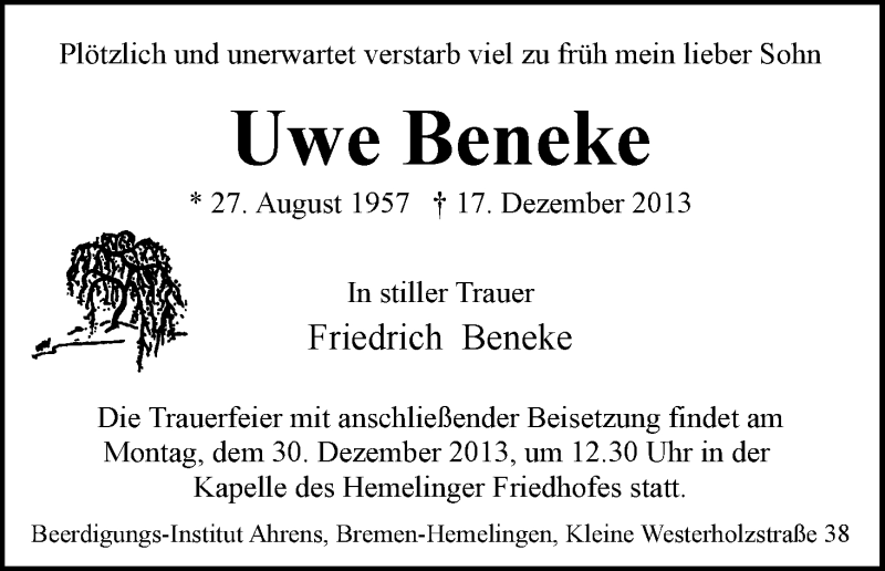 Traueranzeige von Uwe Beneken von WESER-KURIER