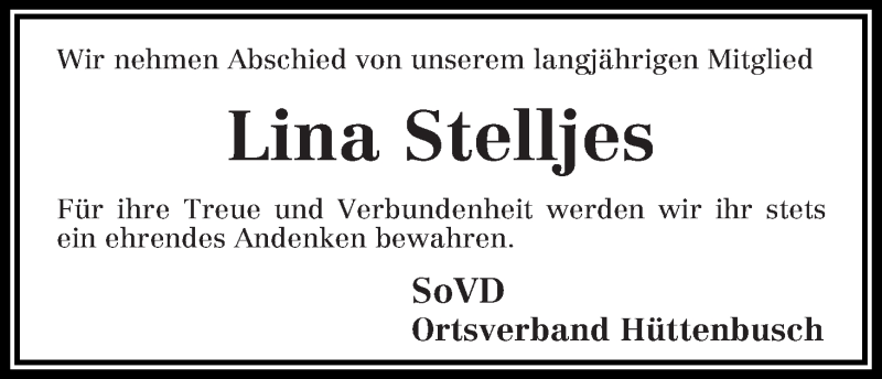 Traueranzeige von Lina Stelljes von WESER-KURIER