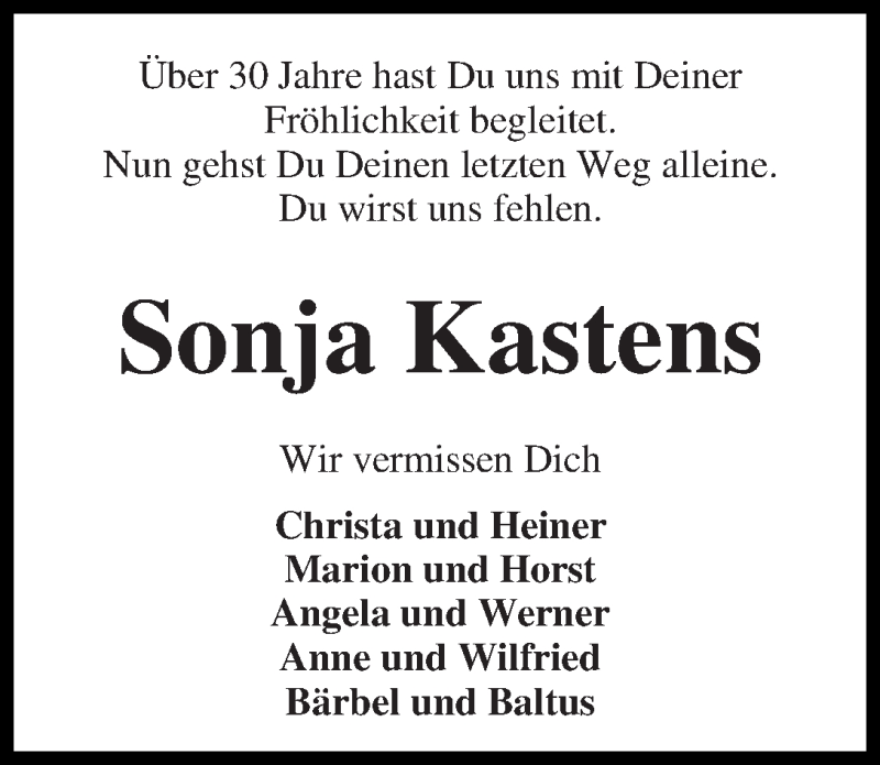  Traueranzeige für Sonja Kastens vom 21.12.2013 aus WESER-KURIER