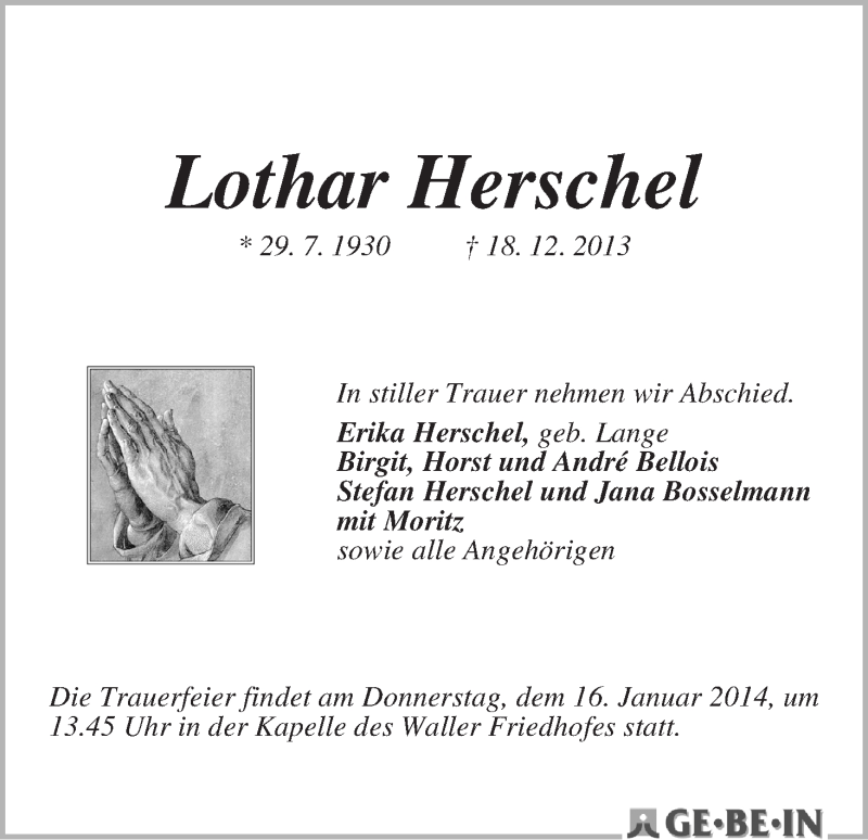 Traueranzeige von Lothar Herschel von WESER-KURIER