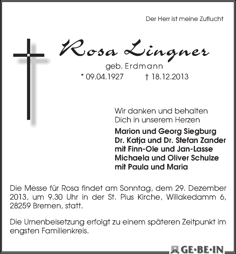Traueranzeige von Rosa Lingner von WESER-KURIER