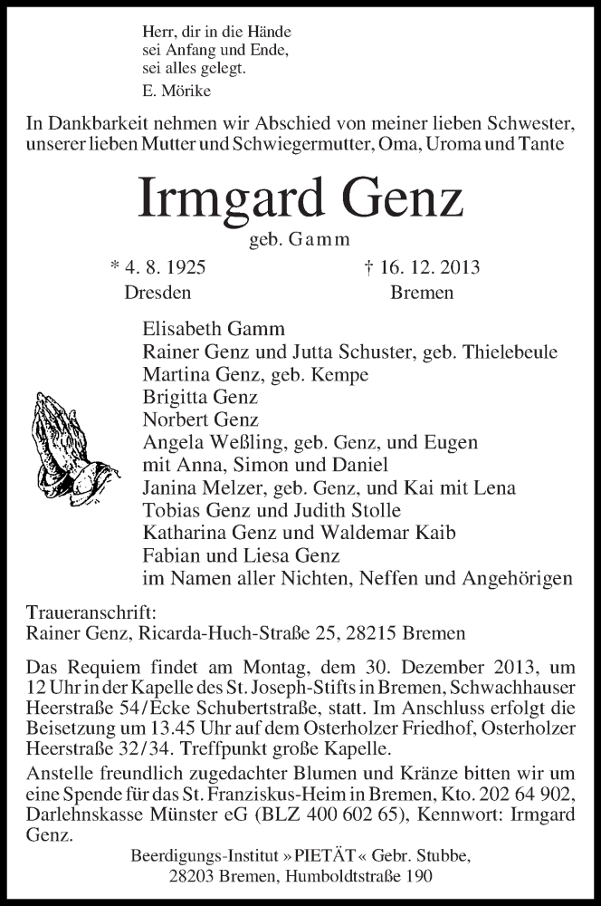  Traueranzeige für Irmgard Genz vom 21.12.2013 aus WESER-KURIER
