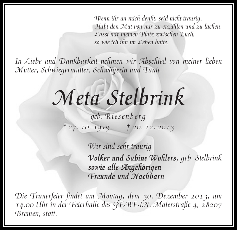 Traueranzeige von Meta Stelbrink von WESER-KURIER
