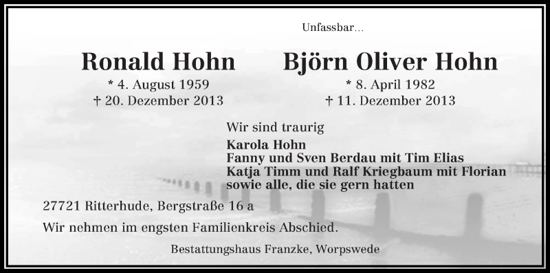  Traueranzeige für Ronald und Björn Oliver Hohn vom 23.12.2013 aus WESER-KURIER