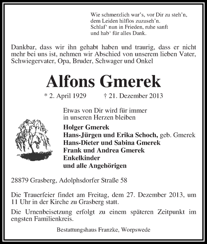 Traueranzeige von Alfons Gmerek von WESER-KURIER