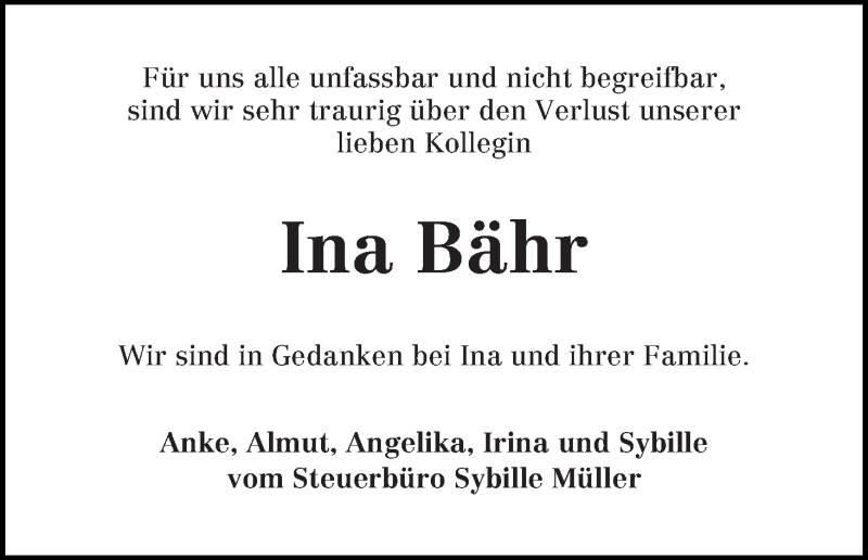  Traueranzeige für Ina Bähr vom 24.12.2013 aus WESER-KURIER