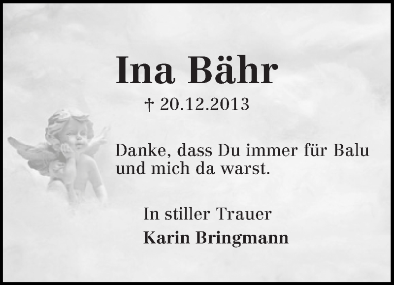  Traueranzeige für Ina Bähr vom 24.12.2013 aus WESER-KURIER