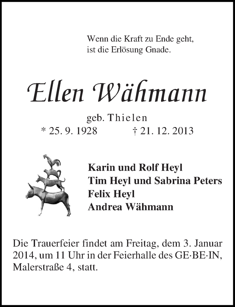 Traueranzeige von Ellen Wähmann von WESER-KURIER