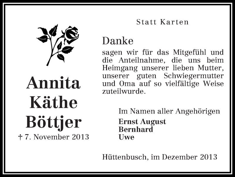 Traueranzeige von Annita Käthe Böttjer von WESER-KURIER