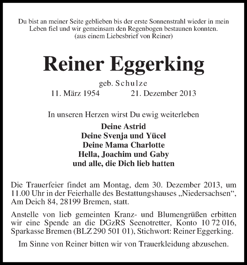  Traueranzeige für Reiner Eggerking vom 28.12.2013 aus WESER-KURIER