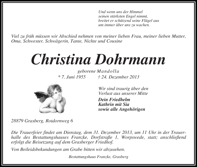 Traueranzeige von Christina Dohrmann von WESER-KURIER