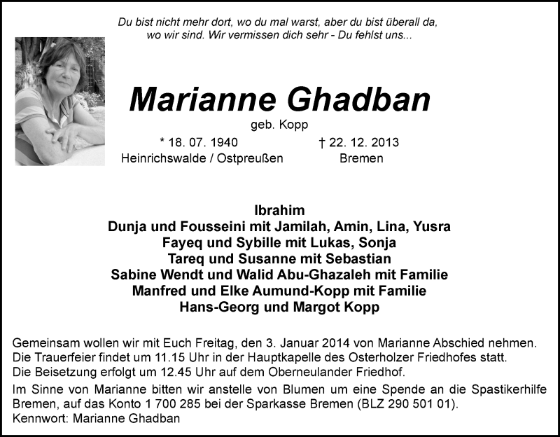 Traueranzeige von Marianne Ghadban von WESER-KURIER