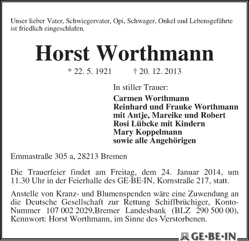 Traueranzeige von Horst Worthmann von WESER-KURIER