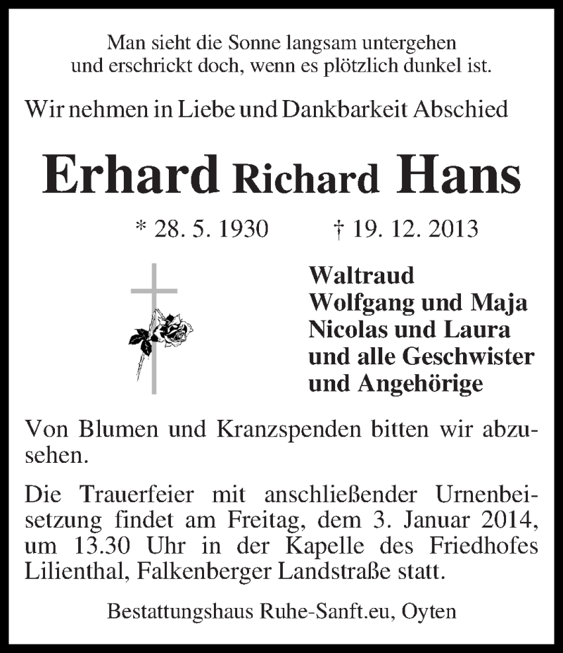 Traueranzeige von Erhard Richard Hans von WESER-KURIER