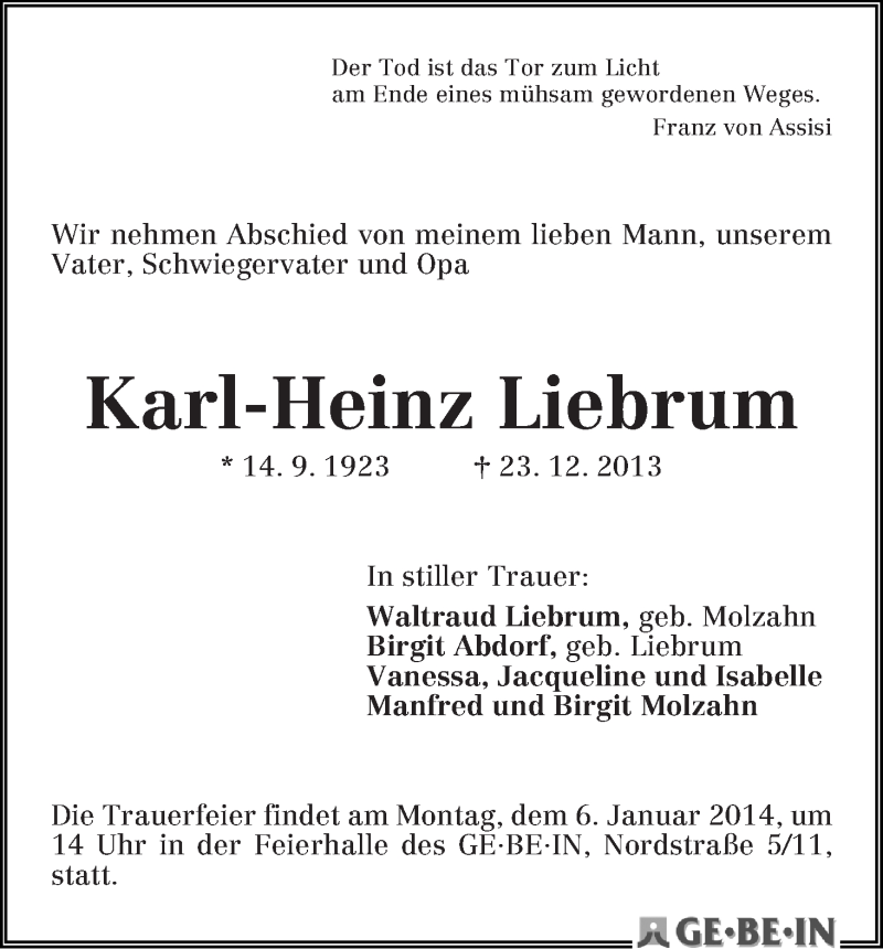 Traueranzeige von Karl-Heinz Liebrum von WESER-KURIER