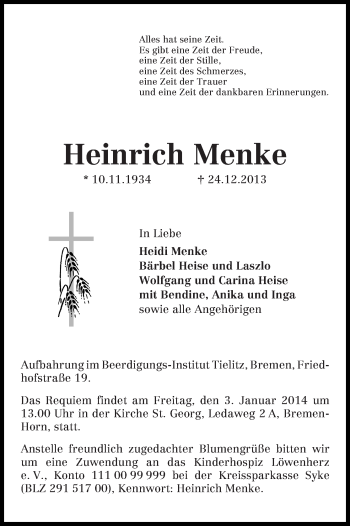 Traueranzeige von Heinrich Menke
