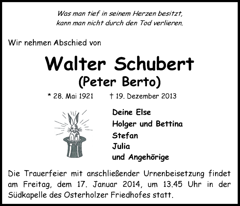 Traueranzeige von Walter Schubert von WESER-KURIER