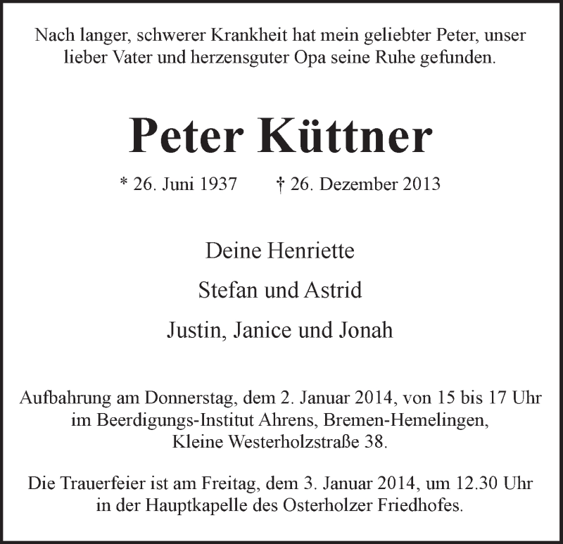 Traueranzeige von Peter Küttner von WESER-KURIER
