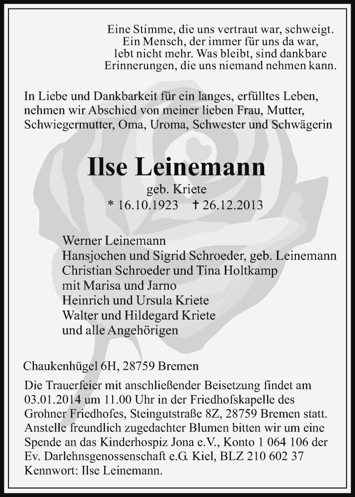 Traueranzeige von Ilse Leinemann von WESER-KURIER