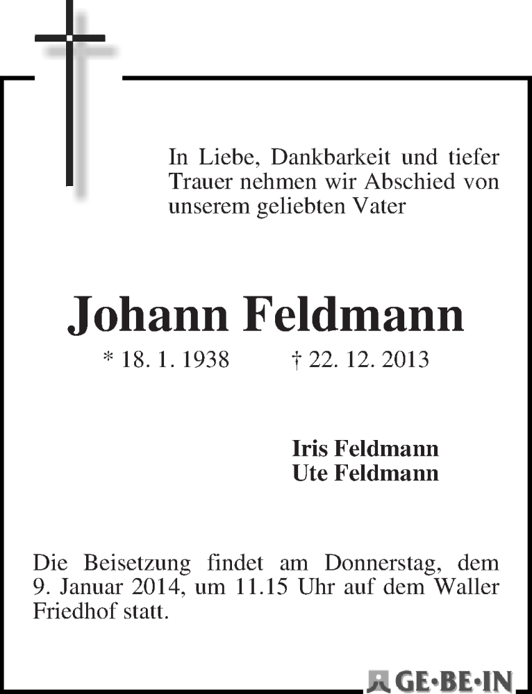 Traueranzeige von Johann Feldmann von WESER-KURIER